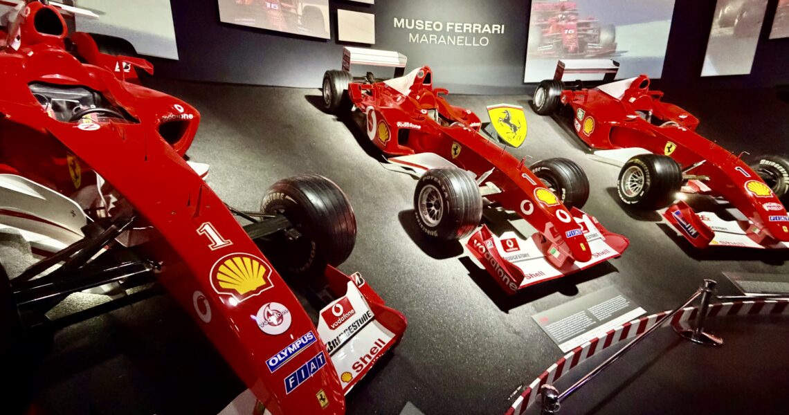 Historic Ferrari Formula One cars displayed at the Museo Ferrari in Maranello, Italy